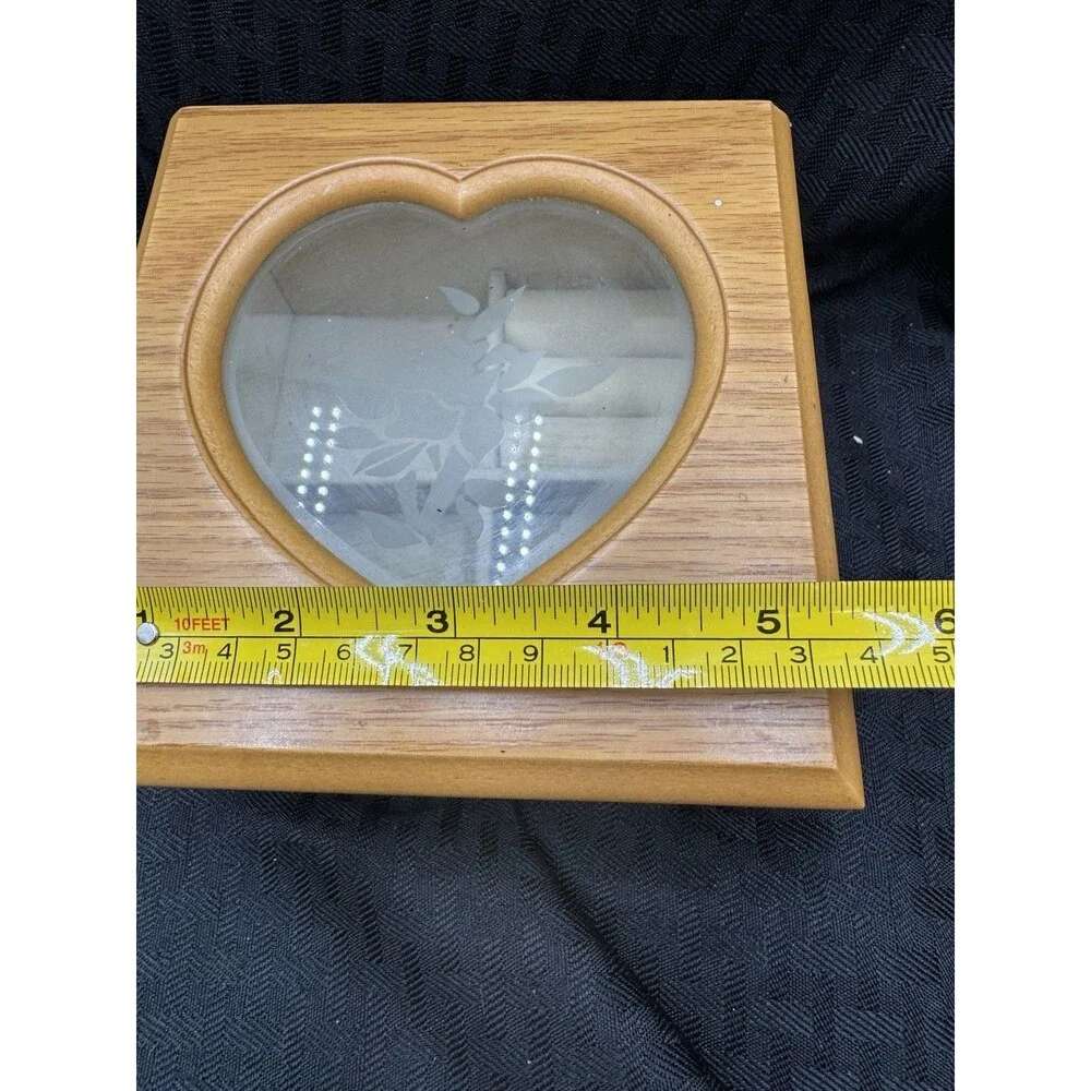 Vintage Wood 4 Compartment Jewelry Box W/Ring Holder & Etched Glass Heart Window